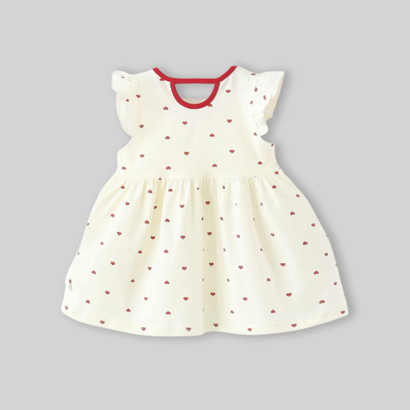 Girls White Heart Printed Flutter Sleeve A-line Dress With Applique Casual Dresses