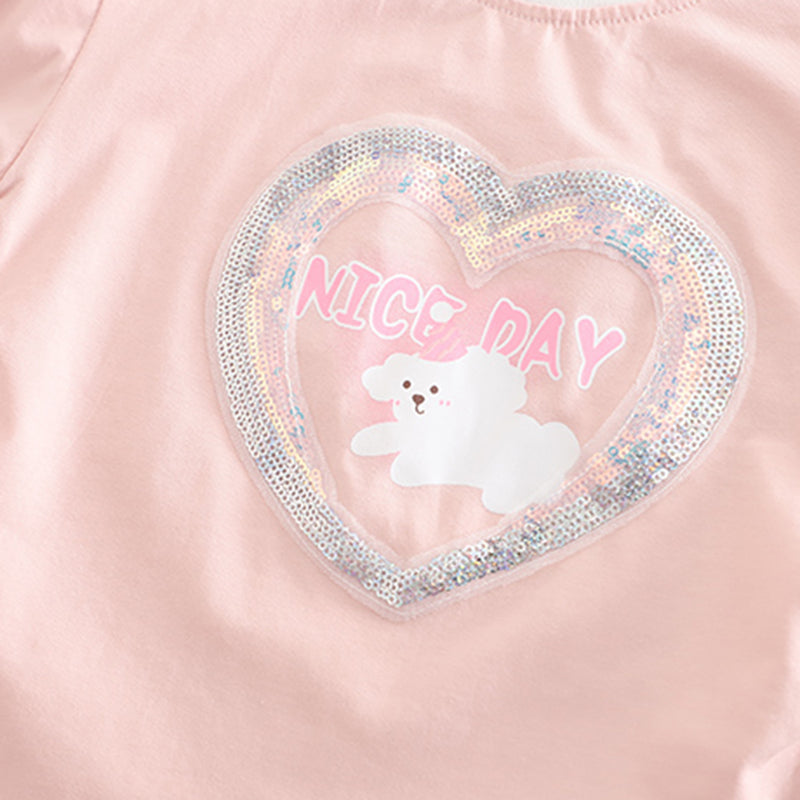 Girls Peach Heart Sequined Puff Sleeves Top With Shorts Set 2 pc. Sets