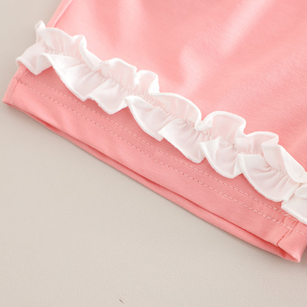 Girls Pink Printed Raglan Sleeves T-Shirt With Ruffled Shorts Set 2 pc. Sets