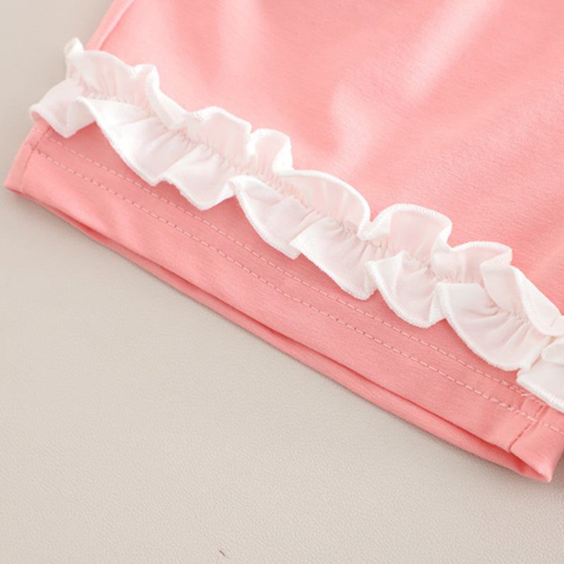 Girls Pink Printed Raglan Sleeves T-Shirt With Ruffled Shorts Set 2 pc. Sets