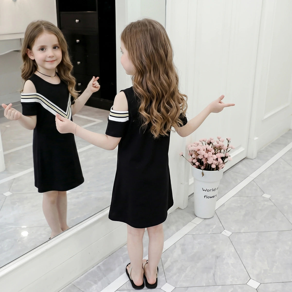 Girls Black Striped Cold Shoulder A-Line Dress Casual Dresses