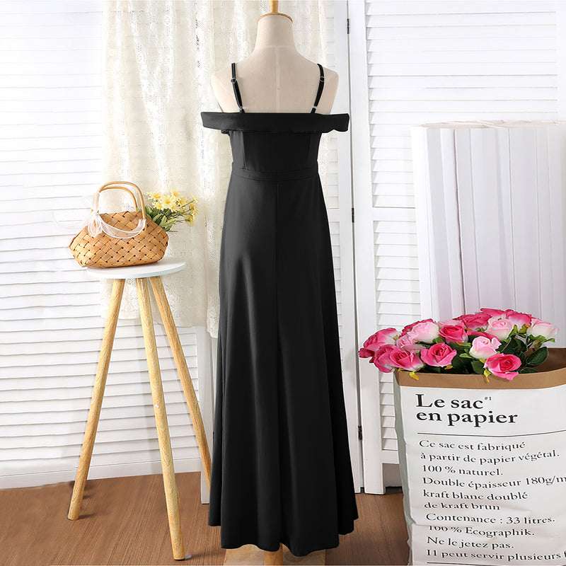 Girls Black Off Shoulder Spaghetti Strap Gown Party Dresses