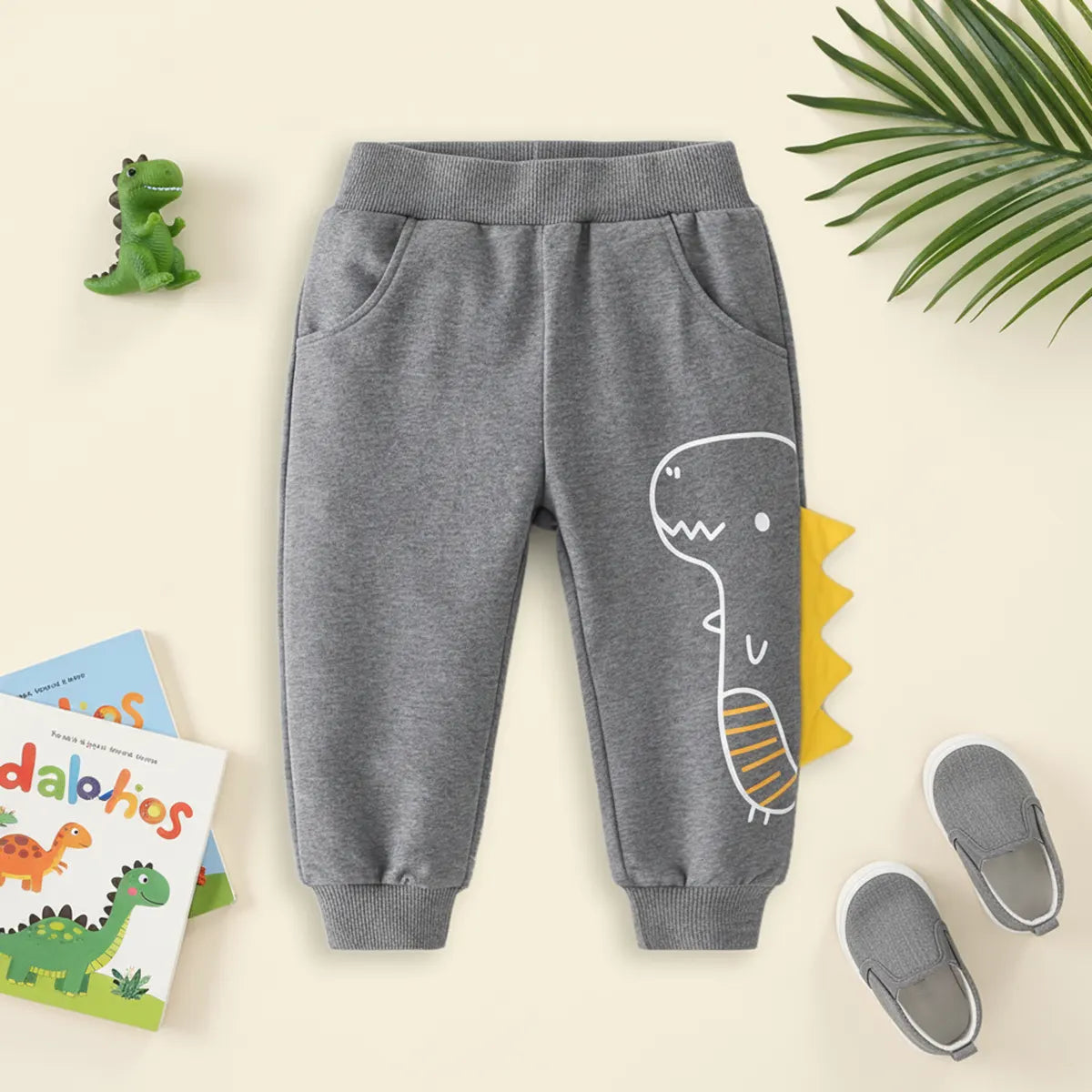 Boys Grey Dinosaur Printed Joggers With Ribbed Waistband & Hem Trackpants & Joggers Grey 1-2 Y