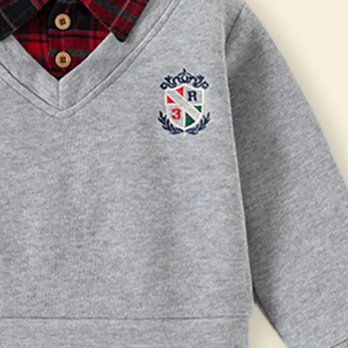 Boy Grey Faux Layered V-Neck Plaid Collared Sweater Sweaters & Cardigans