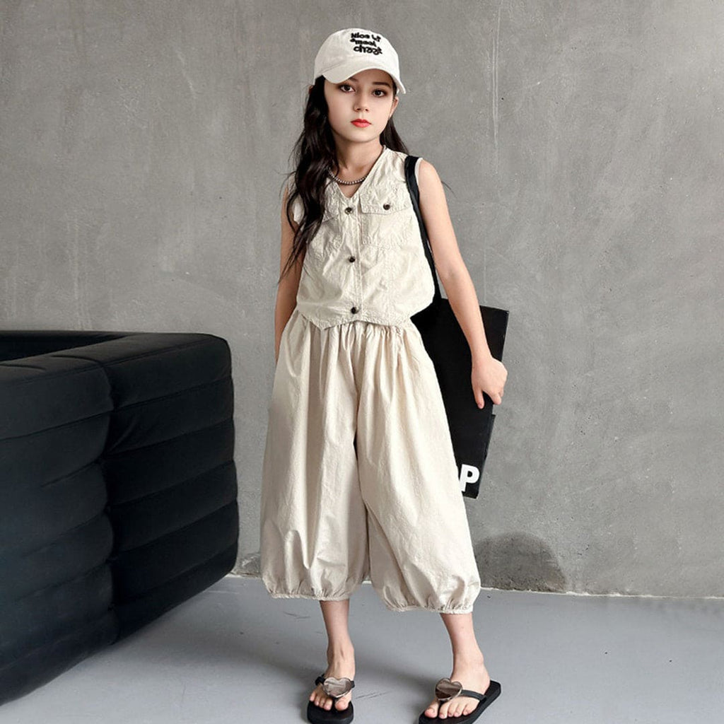 Girls Sleeveless Double Pocket Top With Trouser Set
