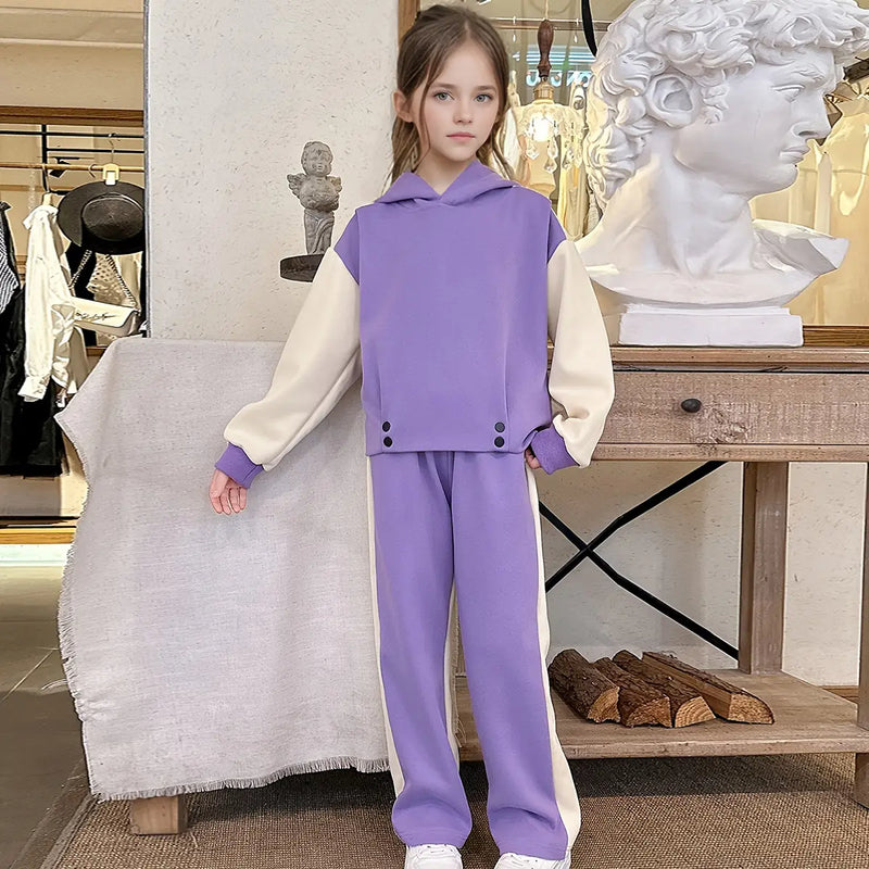 Girls Purple Color-blocked Hooded Sweatshirt With Pants Set Sets Purple 5-6 Y