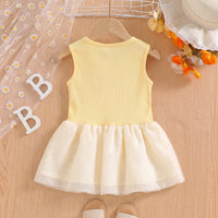 Girls Yellow Textured Kitty Applique Sleeveless Dress Casual Dresses