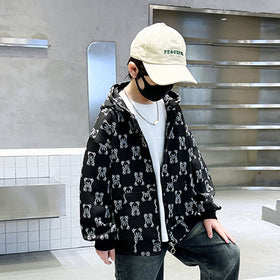 Boys Black Teddy Printed Hooded Front Zipper Winter Jacket Sweatshirts & Hoodies