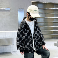 Boys Black Teddy Printed Hooded Front Zipper Winter Jacket Sweatshirts & Hoodies