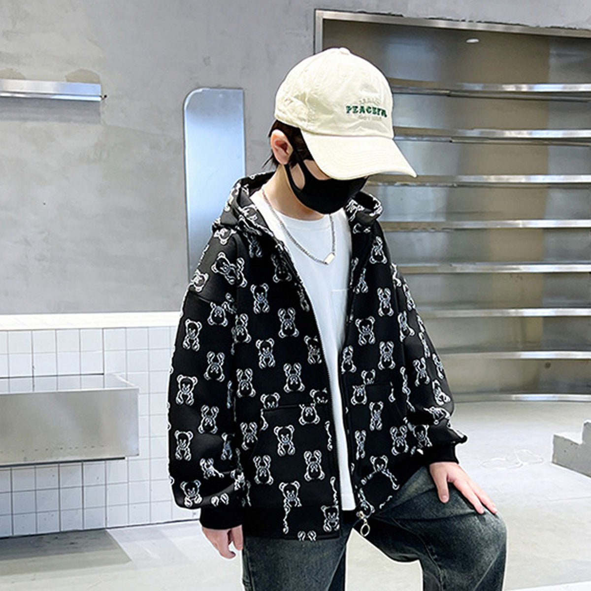 Boys Black Teddy Printed Hooded Front Zipper Winter Jacket Sweatshirts & Hoodies