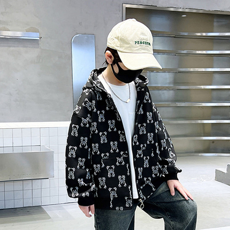 Boys Black Teddy Printed Hooded Front Zipper Winter Jacket Sweatshirts & Hoodies