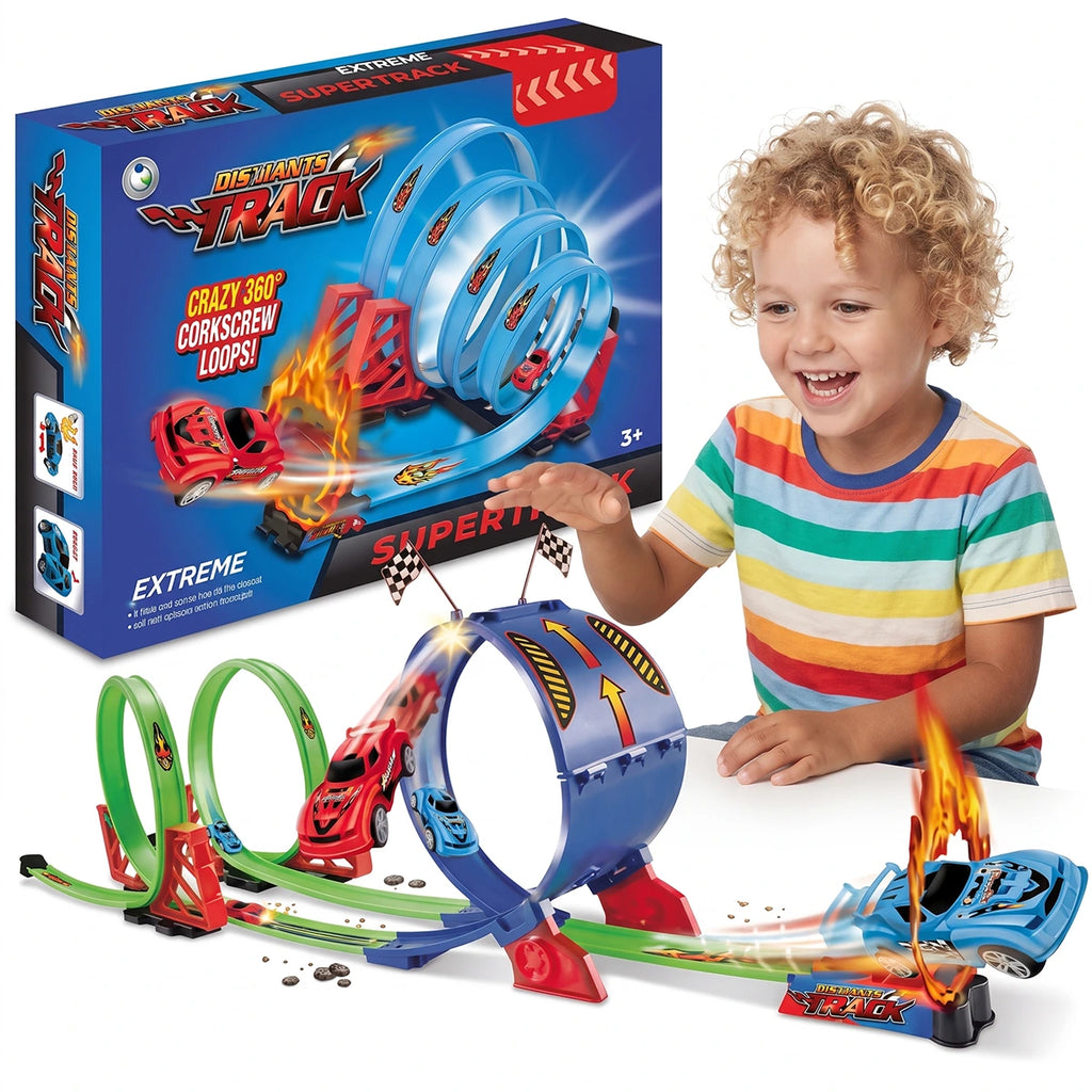 Unisex multicolor racing track toy set with 360 corkscrew loops and miniature cars.
