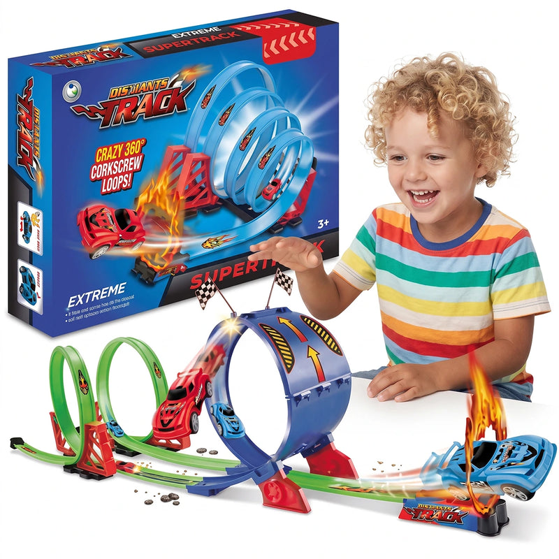 Unisex multicolor racing track toy set with 360 corkscrew loops and miniature cars.