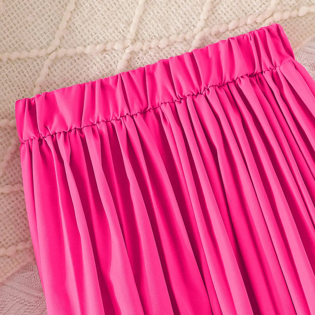 Girls Fuchsia Sleeveless Blazer Top With Pleated Flared Pant Co-ord Sets Sets