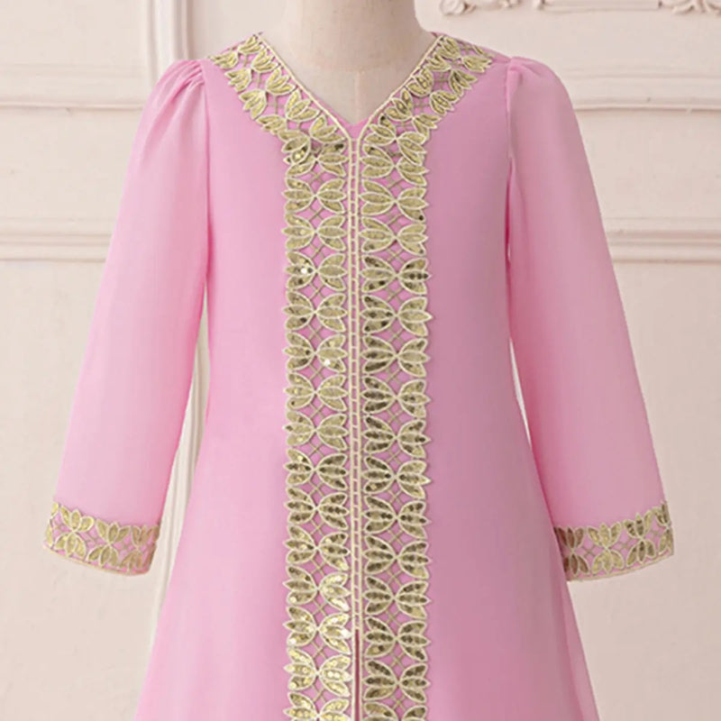 Girls Pink Embroidered A-Line Maxi Dress With V-neckline Casual Dresses