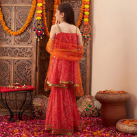 Girls Orange Bandhani Printed A-Line Kurta With Sharara And Dupatta Set Ethnicwear Girls