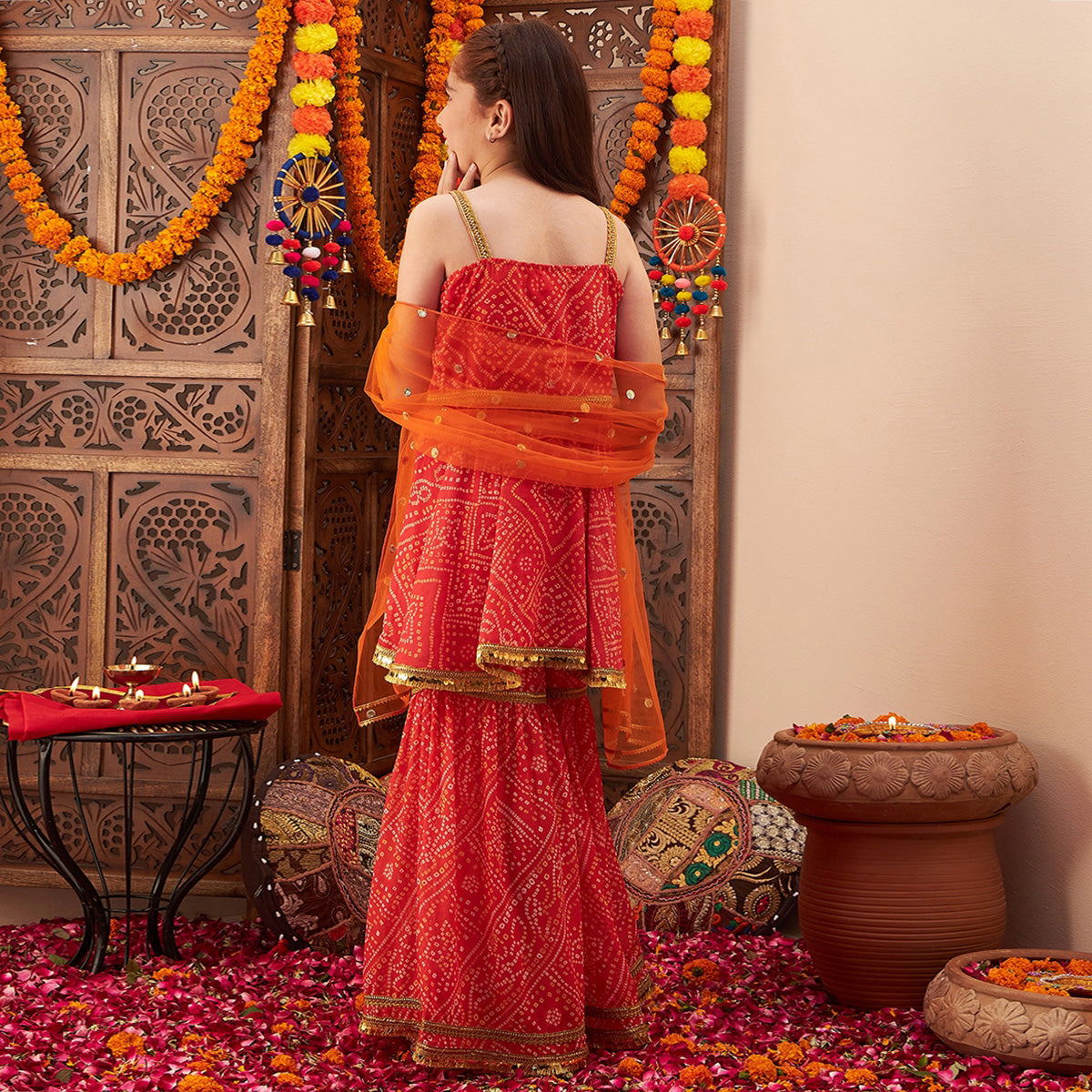 Girls Orange Bandhani Printed A-Line Kurta With Sharara And Dupatta Set Ethnicwear Girls