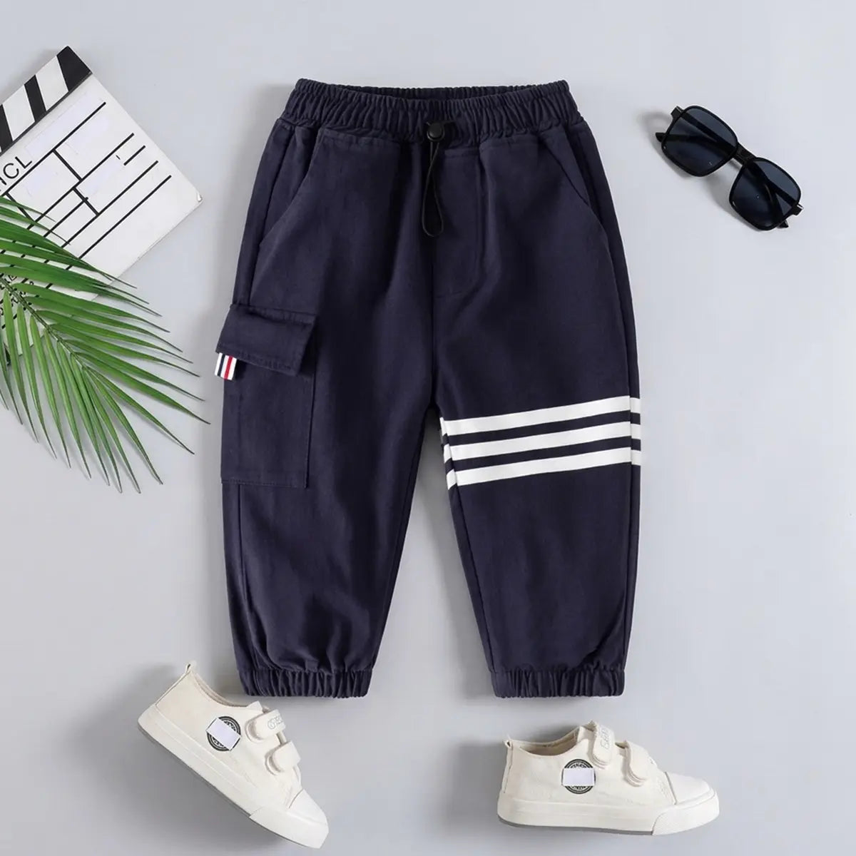 Boys Navy Blue Three Stripes Print Cargo Pants Pants Navy Blue 1-2 Y