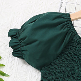 Girls Dark Green Floral Print Smocked Casual Dress Casual Dresses