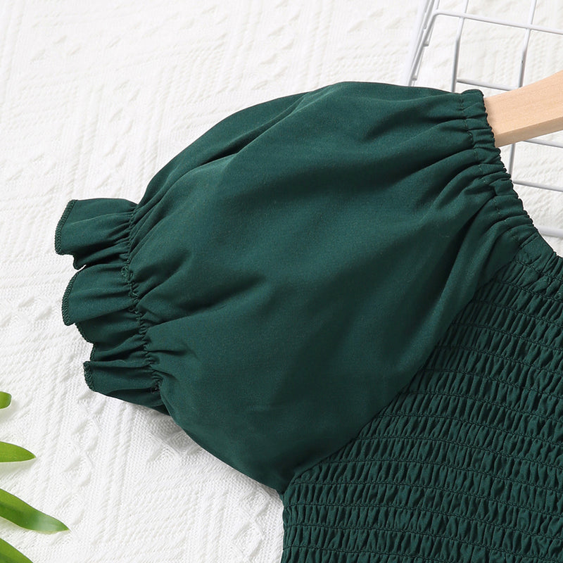 Girls Dark Green Floral Print Smocked Casual Dress Casual Dresses