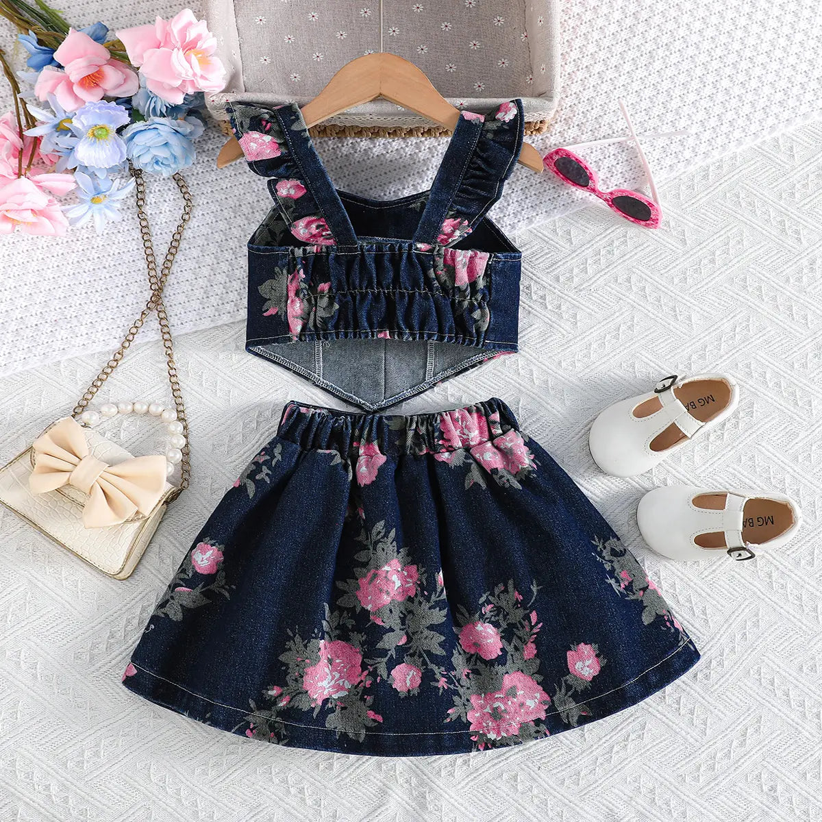 Girls Navy Blue Floral Printed Denim Top And Pleated Skirts Sets 2 pc. Sets