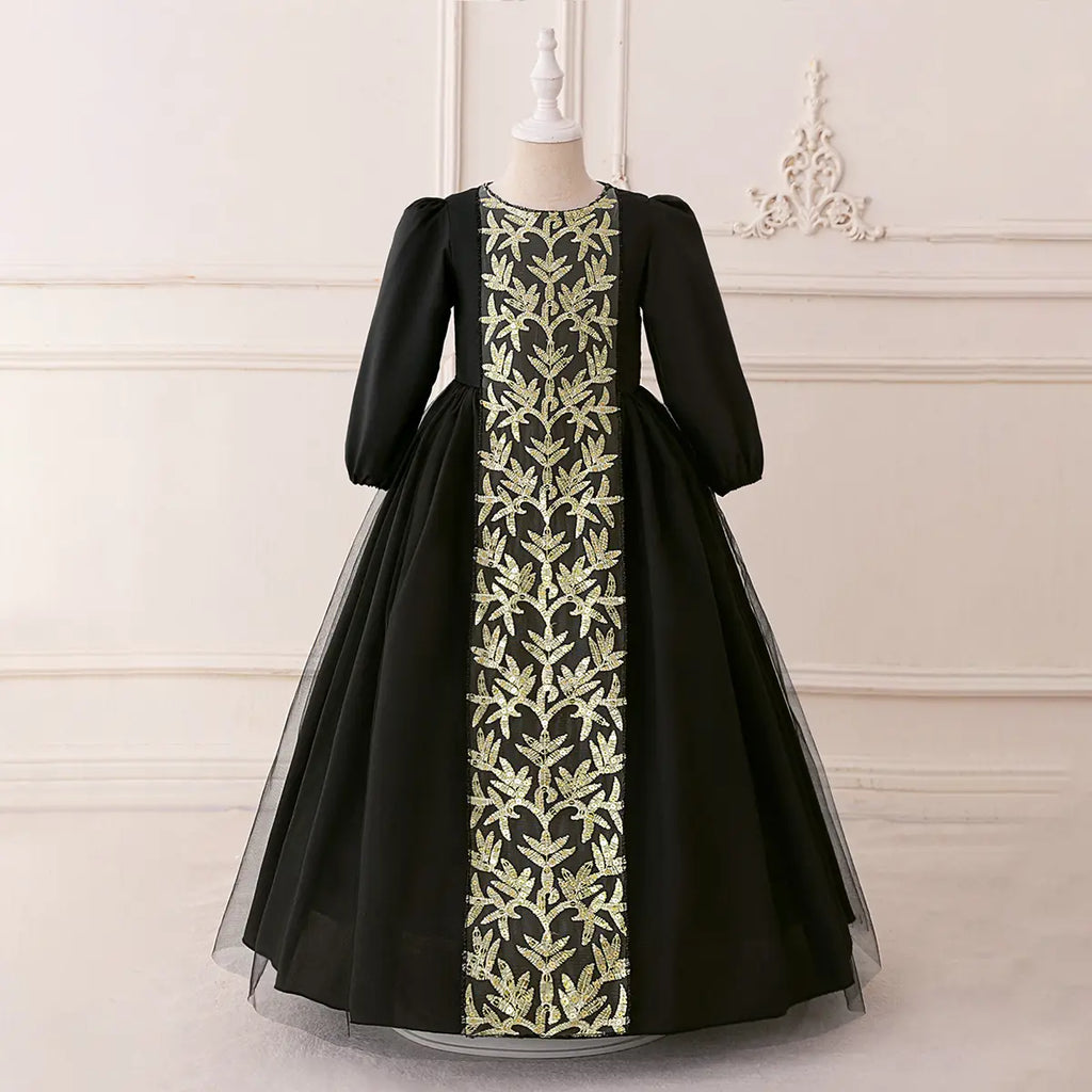 Girls Black Embroidered Maxi Dress With Puff Sleeves Casual Dresses Black 3-4 Y