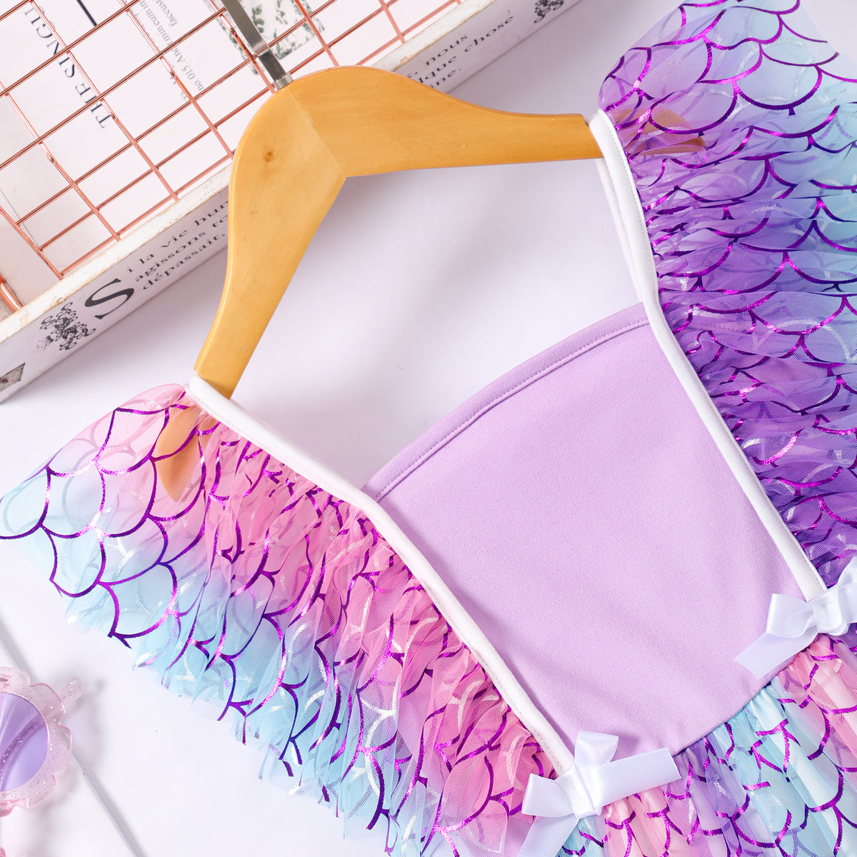 Girls Purple Mermaids Printed Square Neck Dress Casual Dresses