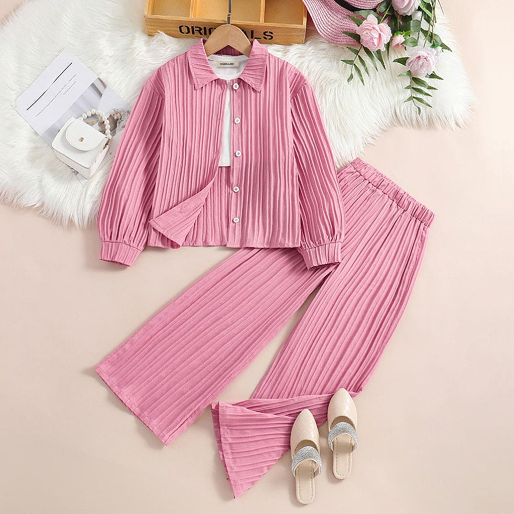 Girls Pink Textured Long Sleeve Shirt With Pants Set Sets Pink 2-3 Y 