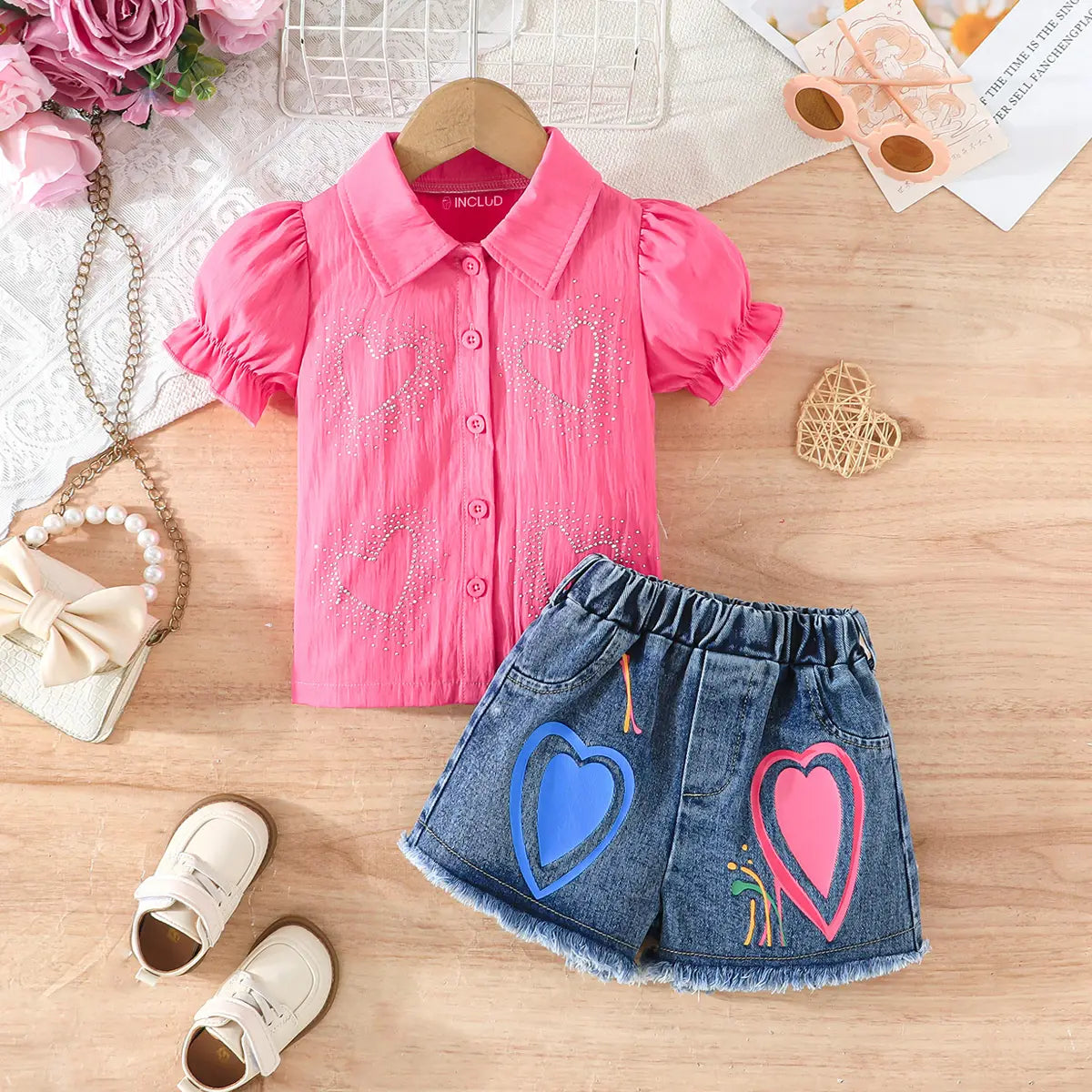 Girls Pink Heart Siroski Print Top With Denim Shorts Sets 2 pc. Sets