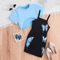 Girls Black Butterfly Printed Bodycon Dress With Short Sleeves Top Casual Dresses Black 7-8 Y