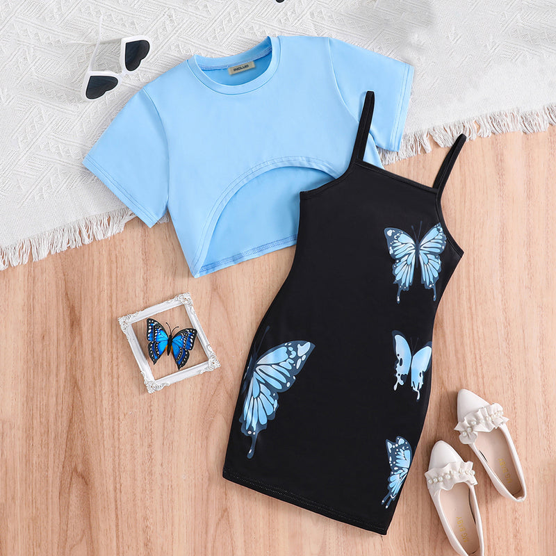 Girls Black Butterfly Printed Bodycon Dress With Short Sleeves Top – INCLUD