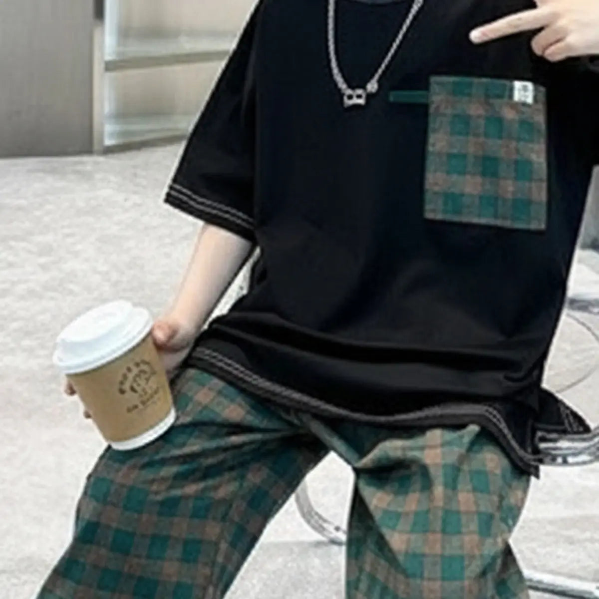 Boys Black Oversized T-Shirt With Checked Joggers Sets Sets