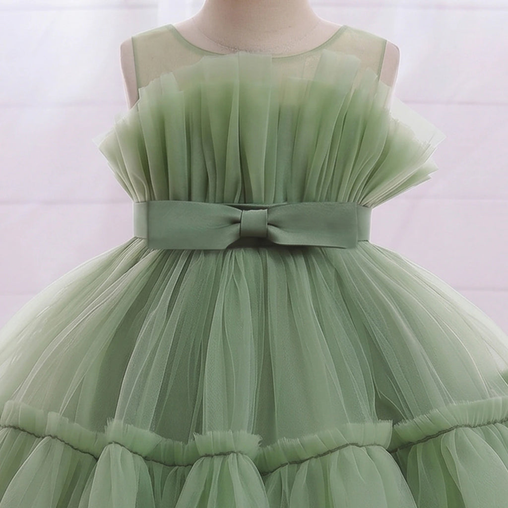 Girls Olive Green Sleeveless Tutu Partywear Dress With Back Bow Party Dresses