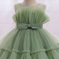 Girls Olive Green Sleeveless Tutu Partywear Dress With Back Bow Party Dresses
