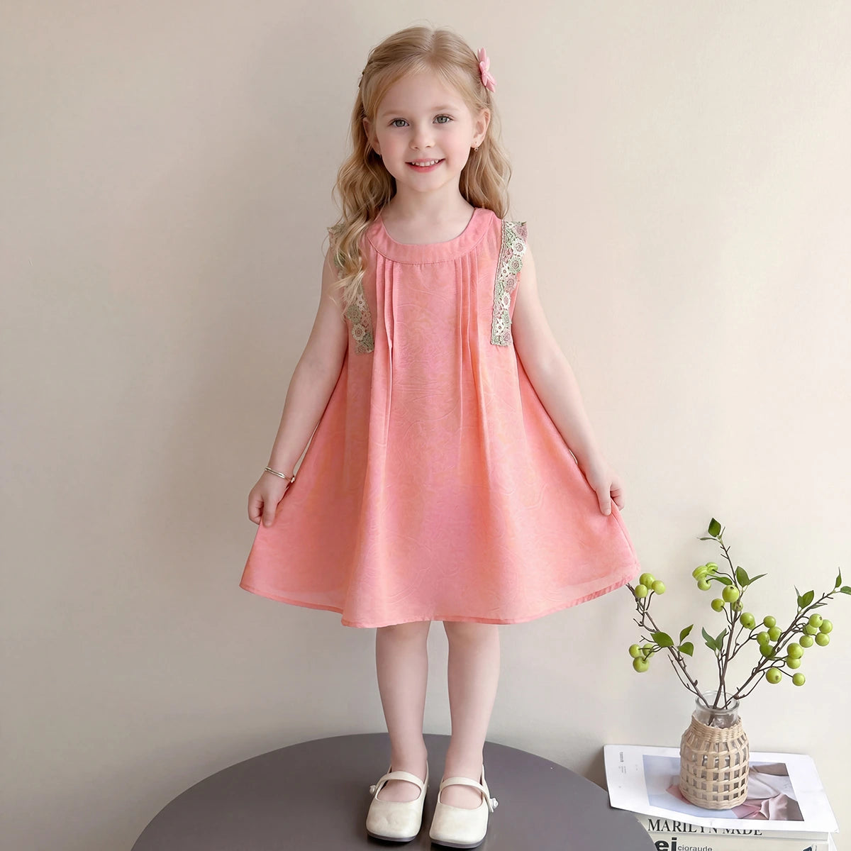 Girls Peach Self-Design Sleeveless A-Line Dress Casual Dresses Peach 1-2 Y