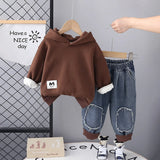 Boys Brown Long Sleeve Hooded Sweatshirt With Elasticated Jeans Set