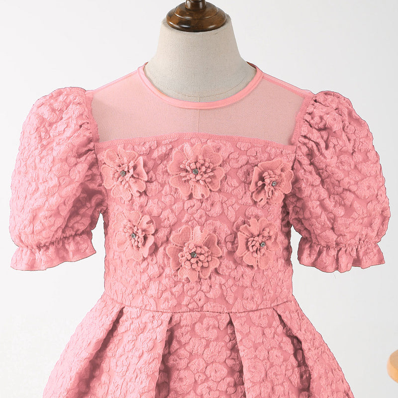 Girls Pink Puff Sleeve Fit & Flare Textured Dress Casual Dresses