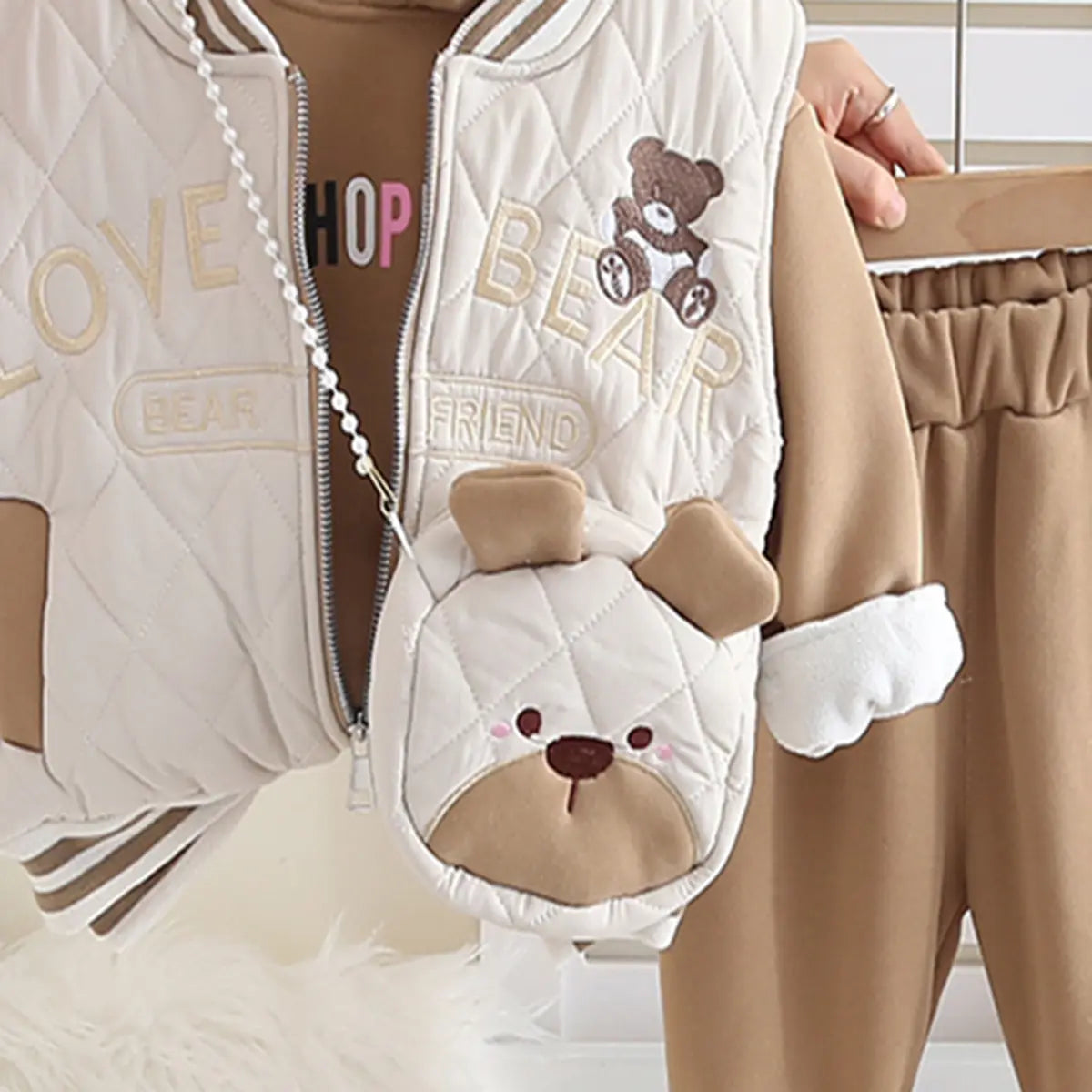 Girls Khaki Embroidered Regular Sweatshirt With Sleeveless Jackets, Pants & Bag Sets 4 pc. Sets