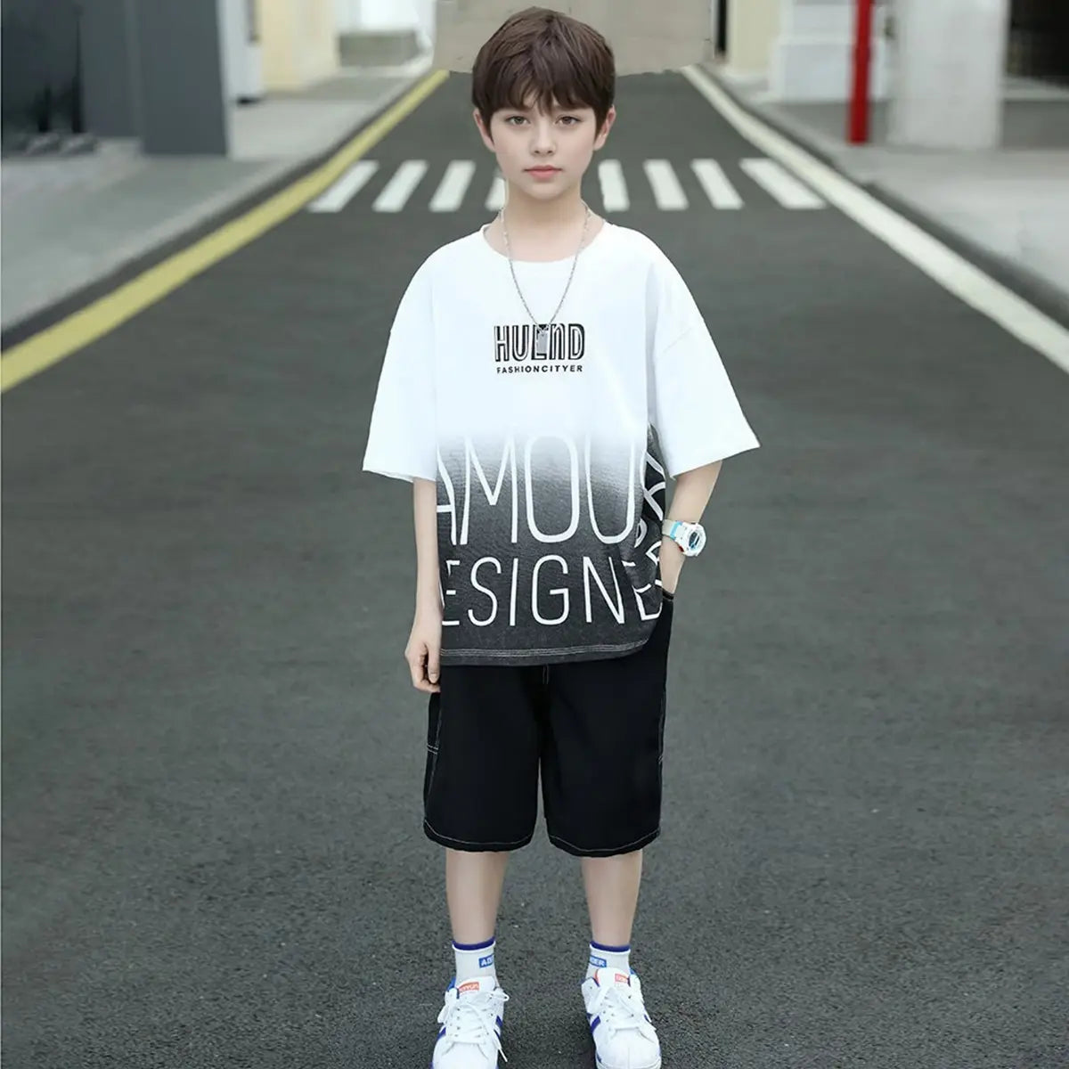 Boys White Typographic Printed Oversized T-Shirt With Shorts Set Sets White 5-6 Y