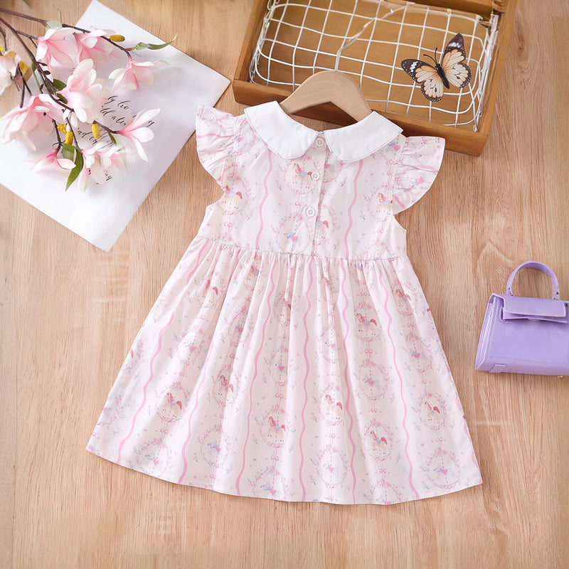 Girls Light Pink Horse Print Flutter Sleeve A-Line Dress Casual Dresses