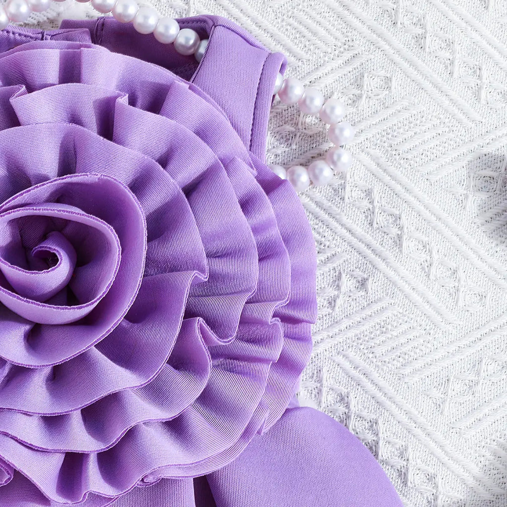 Girls Purple Sleeveless Dress with 3D Flower Embellishment Casual Dresses