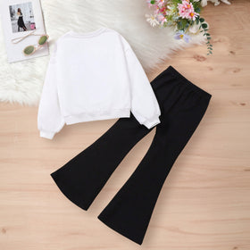 Girls White Sun Cartoon Printed Sweatshirt With Flared Pants Set 2 pc. Sets