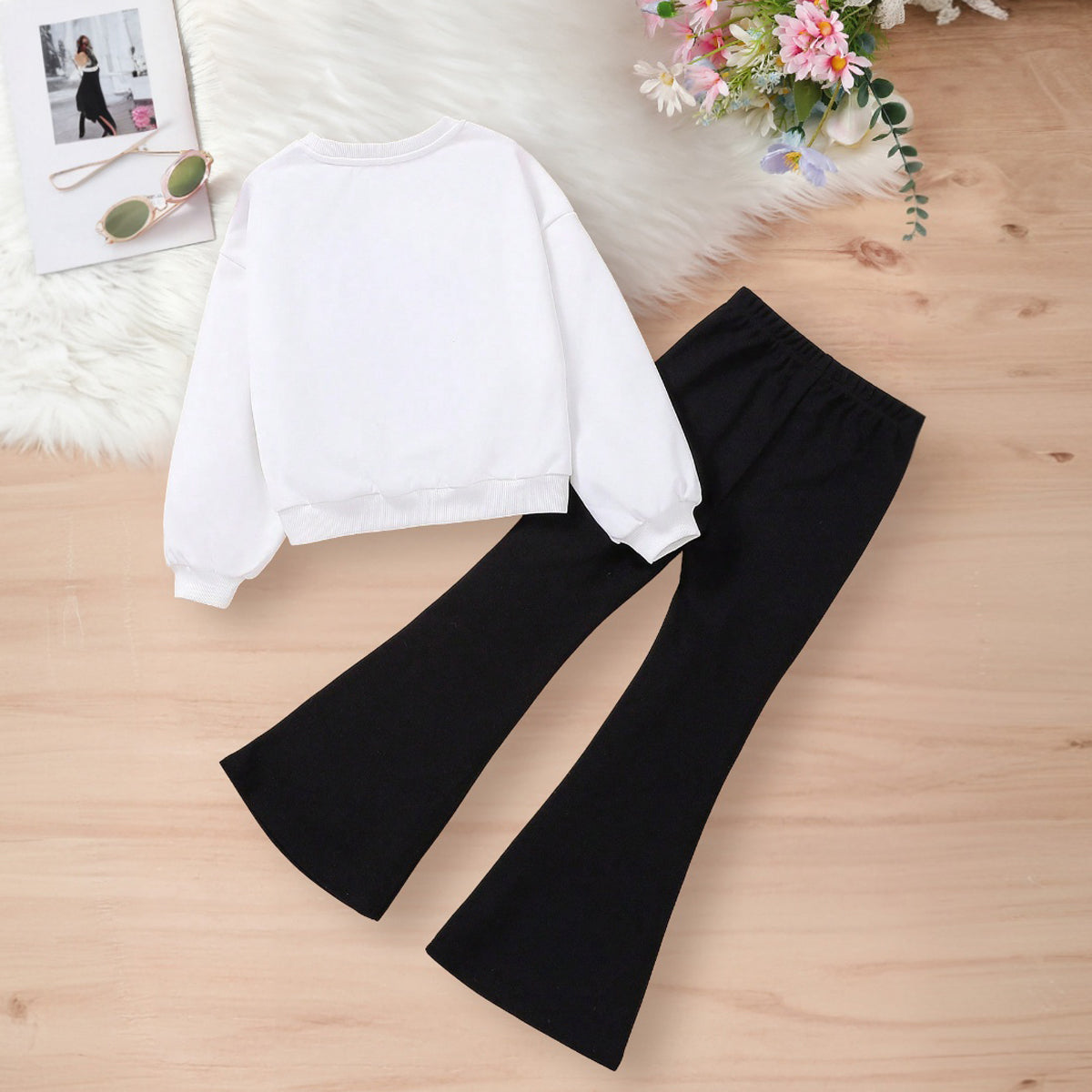 Girls White Sun Cartoon Printed Sweatshirt With Flared Pants Set 2 pc. Sets