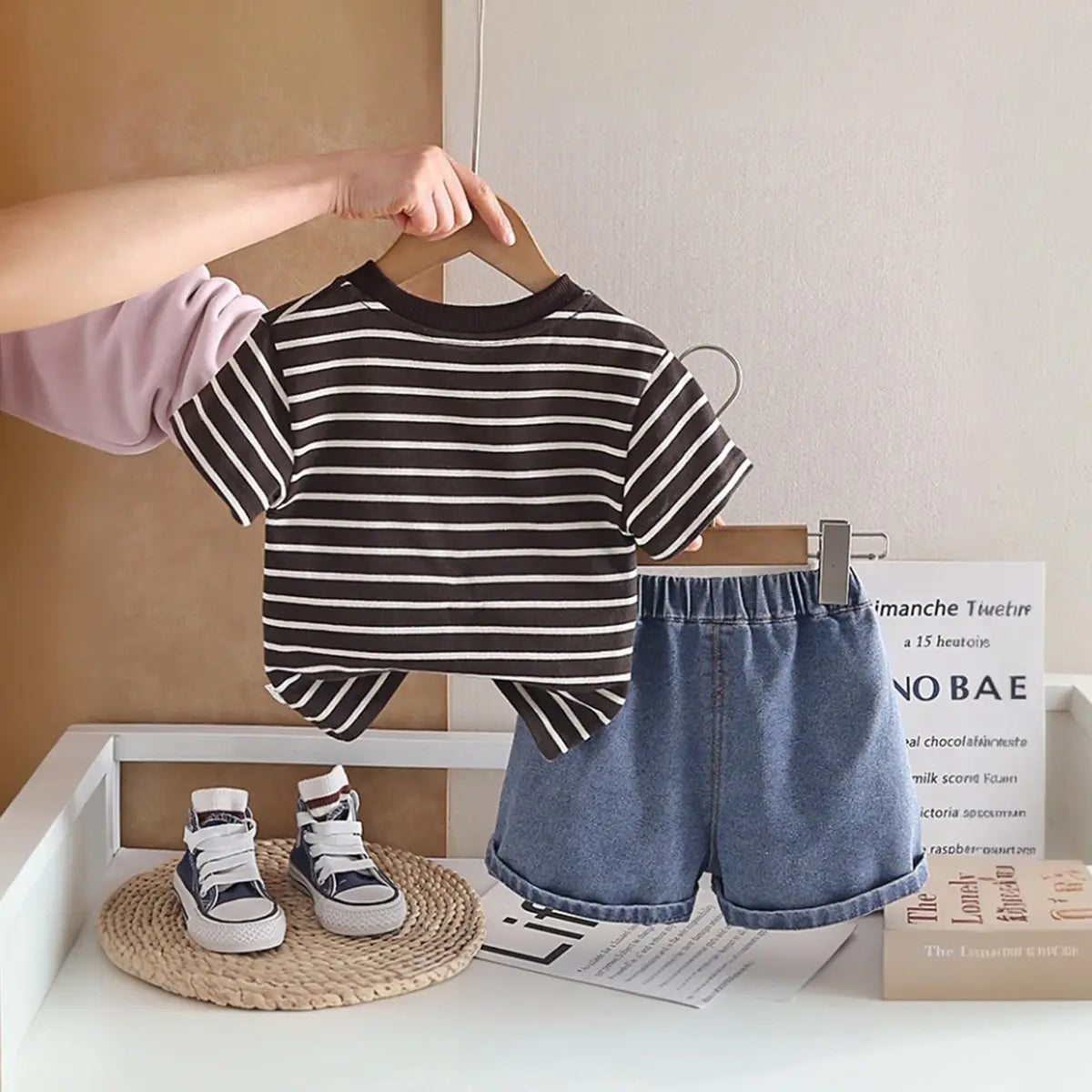 Boys Dark Brown Striped T-Shirt With Denim Shorts Sets Sets