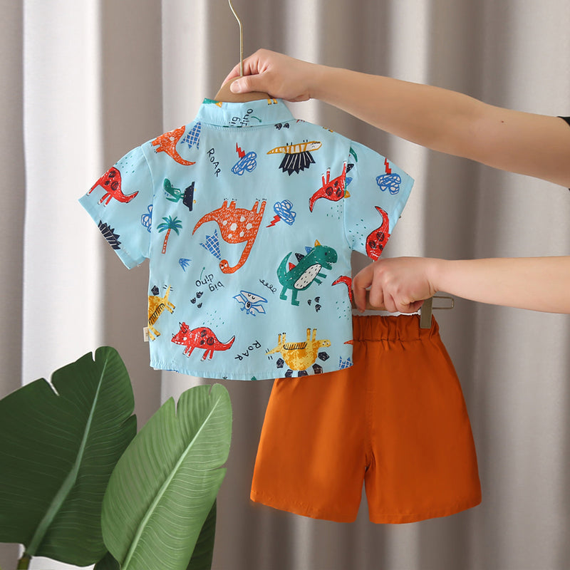 Boys Sky Blue Animals Printed Short Sleeves Shirt With Shorts Set 2 pc. Sets
