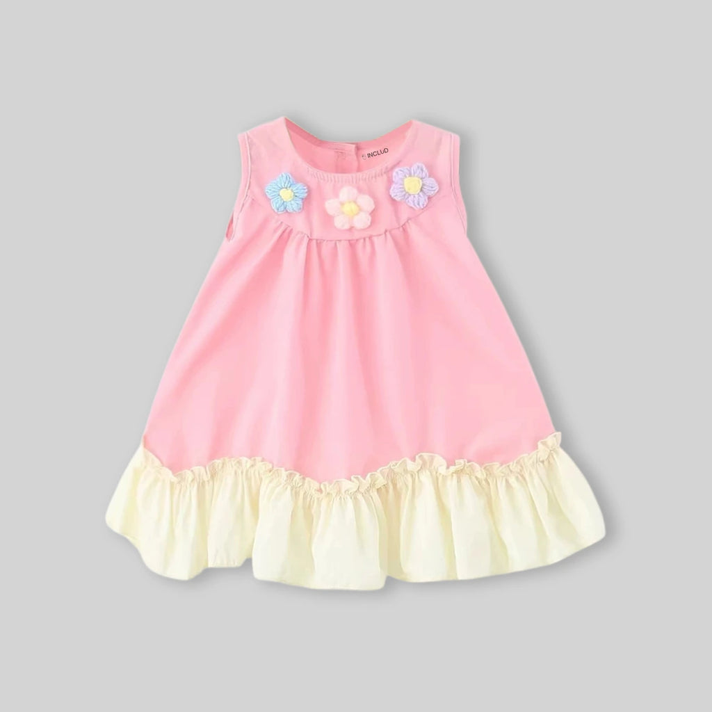 Girls Pink Floral Applique Ruffle Hem A-Line Dress Casual Dresses
