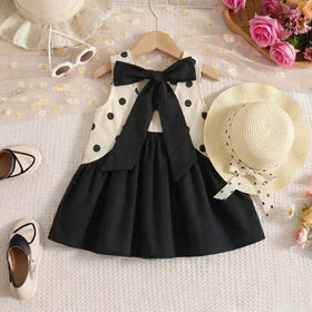 Girls Black Polka Dot Print Sleeveless Dress With Straw Sun Hat Casual Dresses Black 1-2 Y