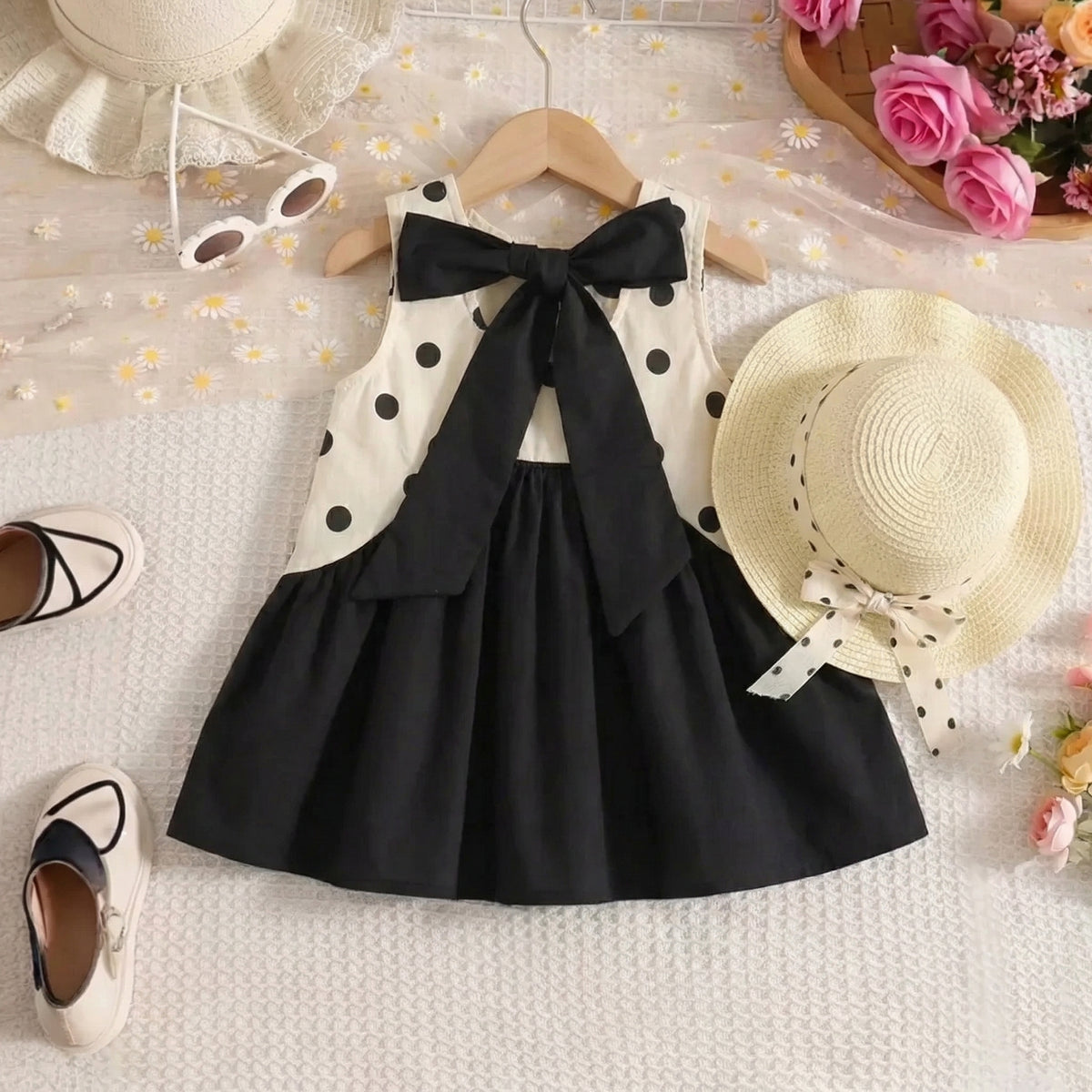 Girls Black Polka Dot Print Sleeveless Dress With Straw Sun Hat Casual Dresses Black 1-2 Y
