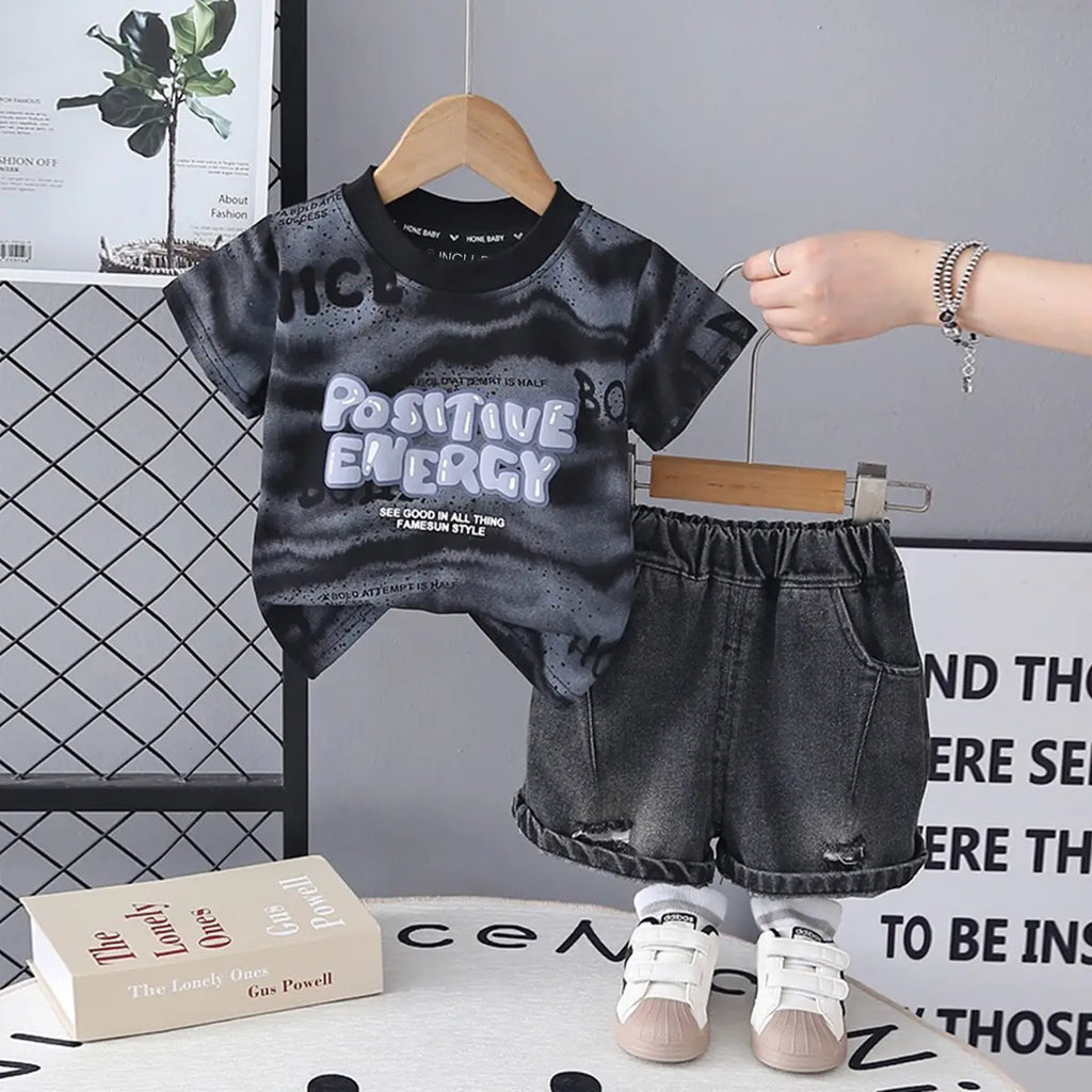 Boys Black Typographic Print T-Shirt With Denim Shorts Sets Sets Black 1-2 Y