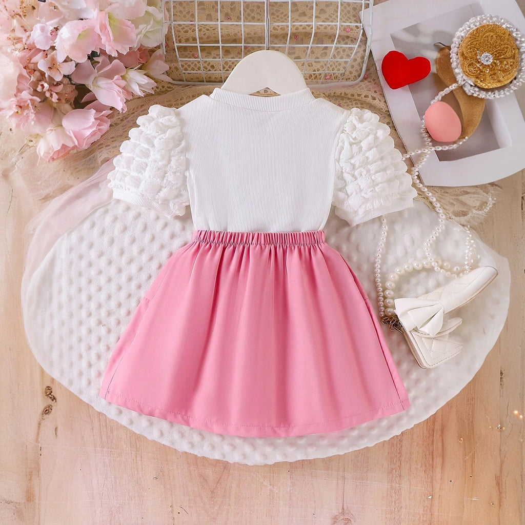 Girls White Heart Applique Puff Sleeve Top With Bow Applique Skirt Sets 2 pc. Sets